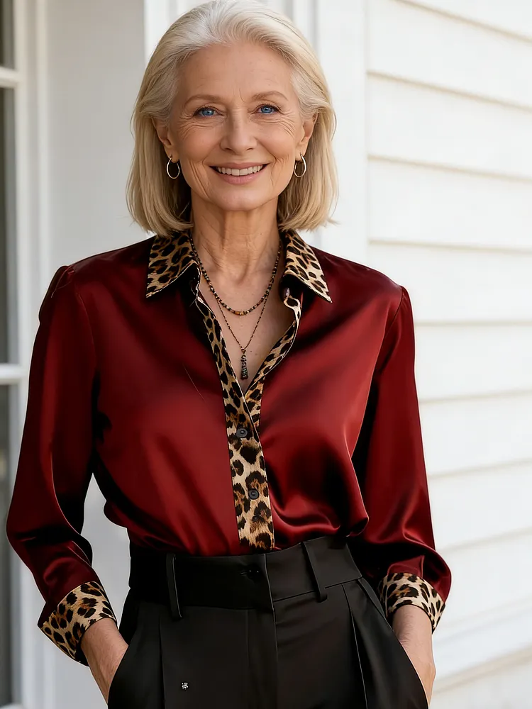 Skinny Long Sleeve Leopard Print Crew Neck Splicing Satin Shirt Women