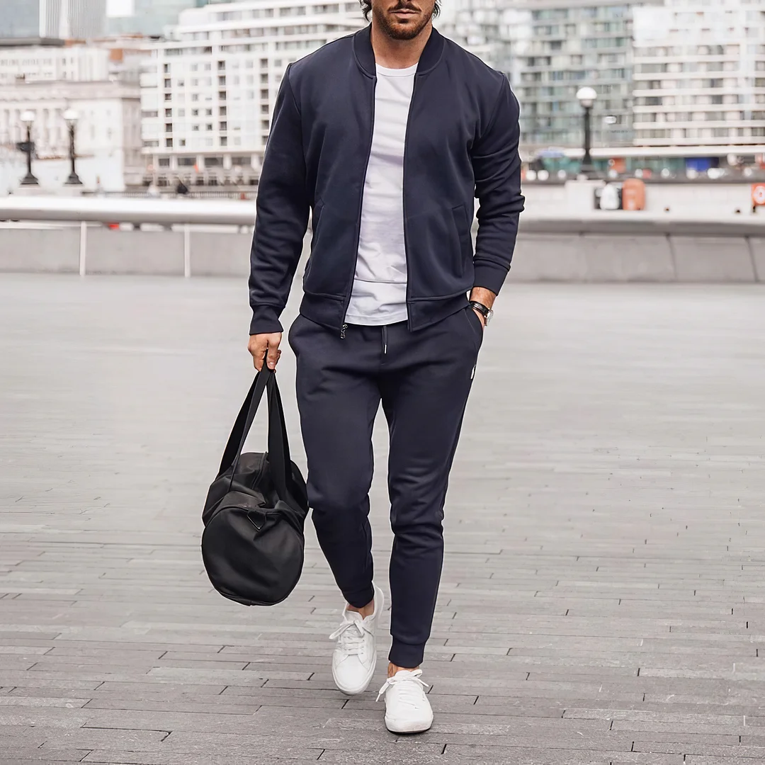 Casual Navy Blue Jacket And Pants Two Piece Set
