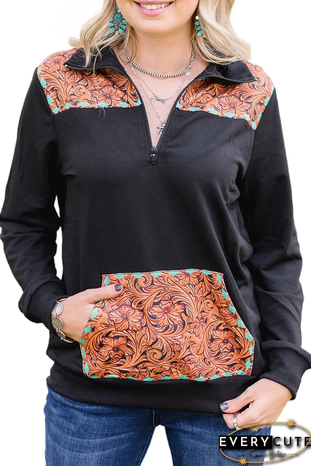 Black Zipped Turn-down Neck Vintage Floral Accent Pocketed Sweatshirt