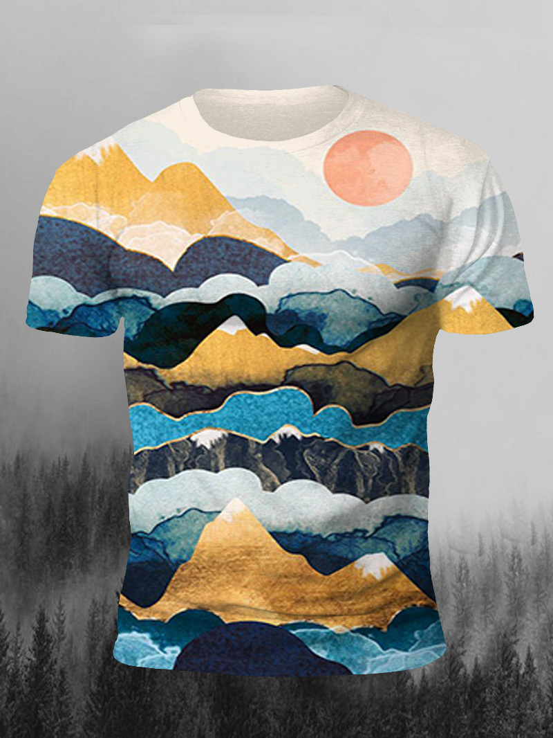 Men's Colored Mountain Print Casual Short Sleeve T-shirt