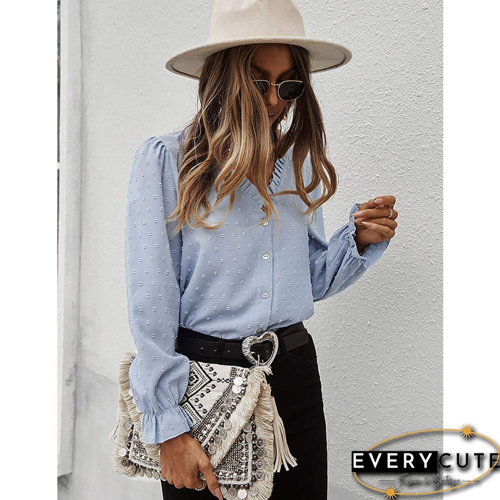 Light Blue Ruffle Detail Button V Neck Shirt
