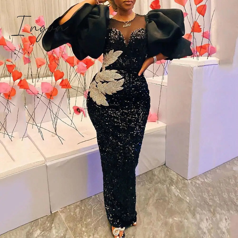 Ingvn - Womens Fashion Women Black Long Dress Sequined Shiny Glitter Embroidered Chest Wrapped Puff