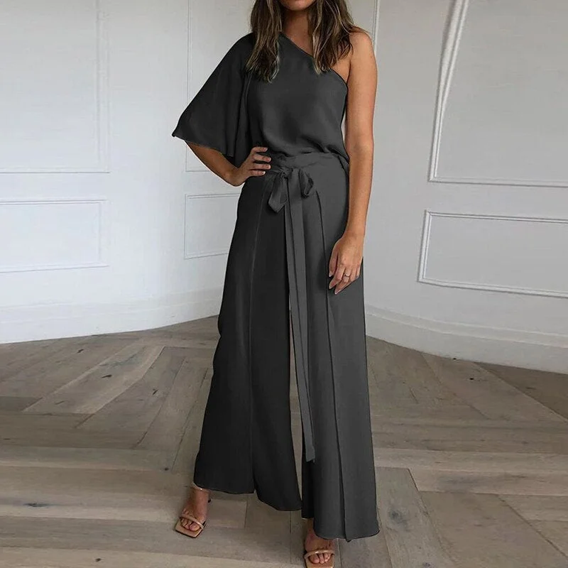 Summer One-shoulder Lace Up Women Jumpsuit Half Sleeve Solid Wide Leg Pants Female Jumpsuits 2021 Elegant Fashion Ladies Rompers