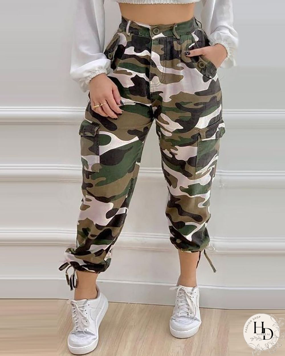 Camouflage Print Tied Detail Cargo Pants