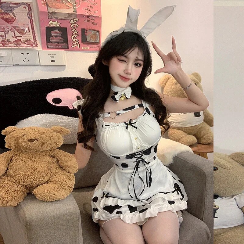 [Wetrose] In Stock Cow Girl Sexy Lingrie Black Pink Milk Maid Bunny Girl Cosplay Costume Hot Horney Erotic Crotchless Women Suit
