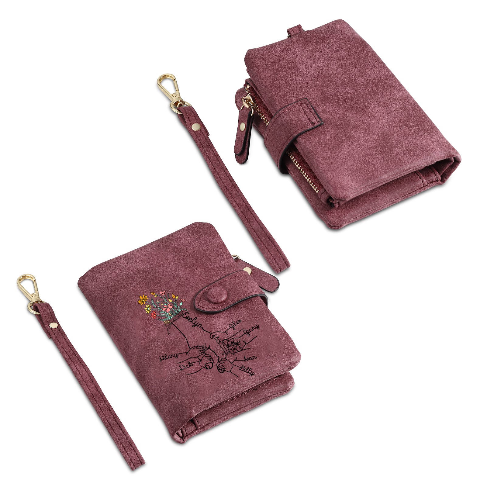 Portafoglio in PU pelle fiore mano con 7 nomi personalizzati per mamma/nonna