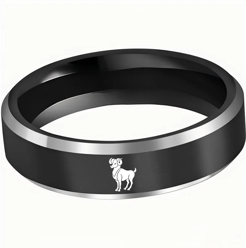 Beveled Edges Laser Etched Tungsten Carbide Rings Black Aries Couple Wedding Bands 4MM 6MM 8MM Width