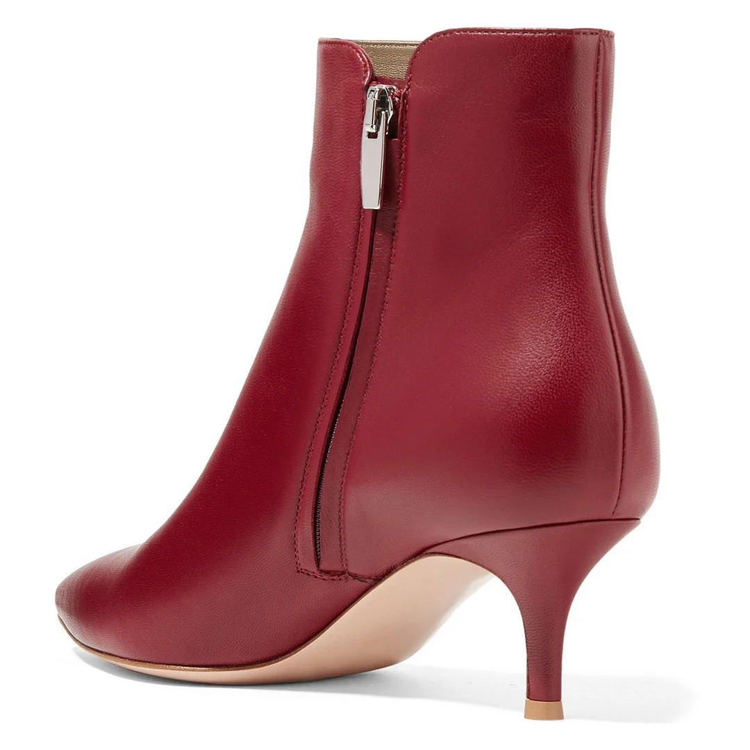 Maroon Vegan Leather Kitten Heel Side-Zip Closure Sexy Ankle Boots