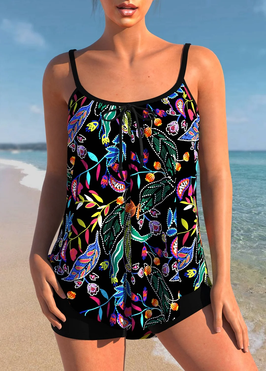 Floral Print Black Spaghetti Strap Tankini Set