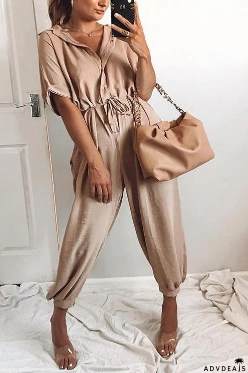 Button Pockets Drawsting Jumpsuit