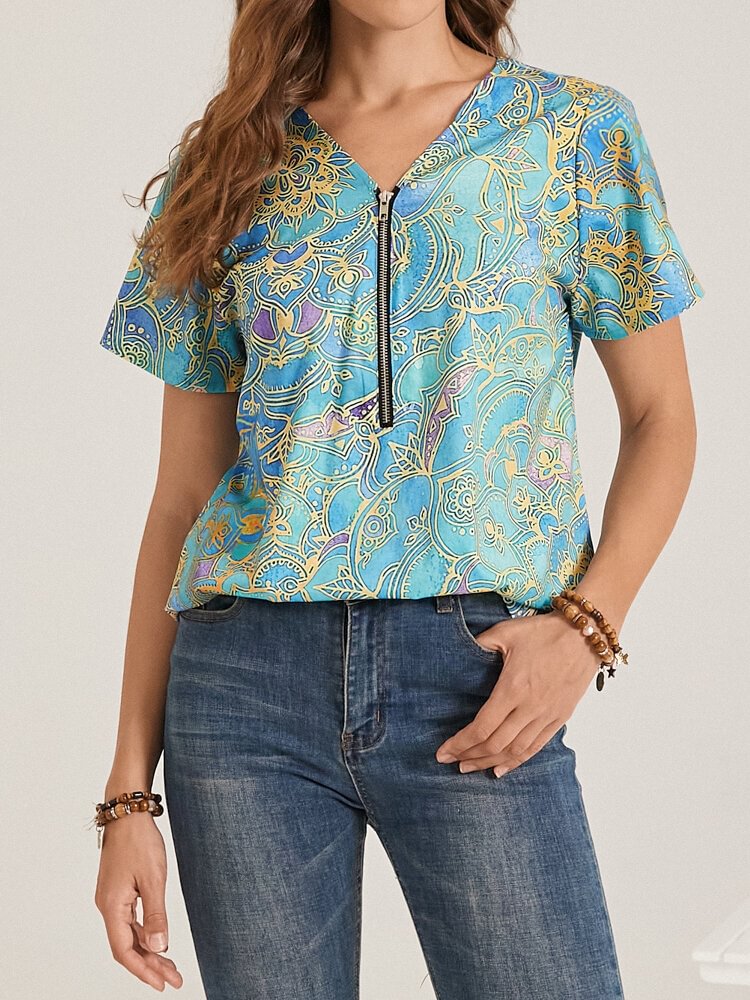 Ethnic Pattern V neck Zip Front Short Sleeve Women Casual Blouse P1846031