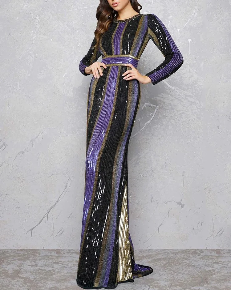Long sleeve black gold beaded evening gown