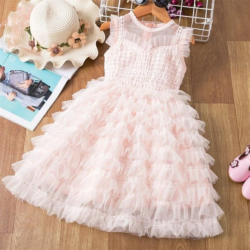 Spring 3-8Yrs Kids Dresses for Girls Lace Tulle Wedding Dress Floral Embroidery Summer Baby Girl Sweet Dress Party Vestidos
