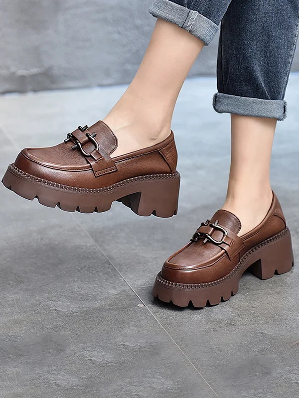 Vintage Black&Brown Pure Color Loafers Platform Shoes