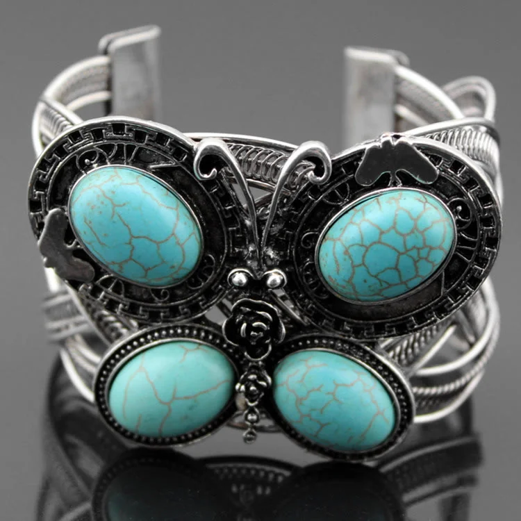 Olivenorma Large Turquoise Stone Butterfly Cuff Bracelet 