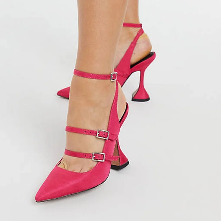 Red Ankle Strap Satin Pumps Women's Stiletto Heels Wedding Shoes |FSJ Shoes