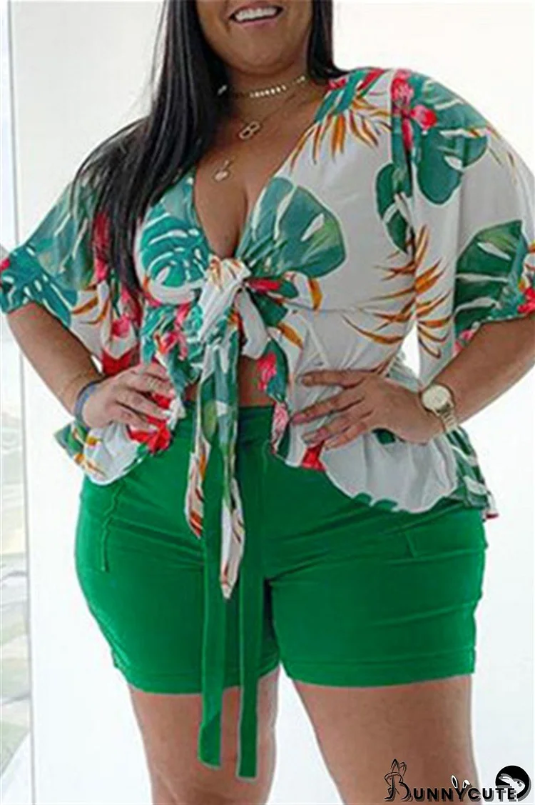 Green Fashion Casual Print Bandage V Neck Plus Size Two Pieces