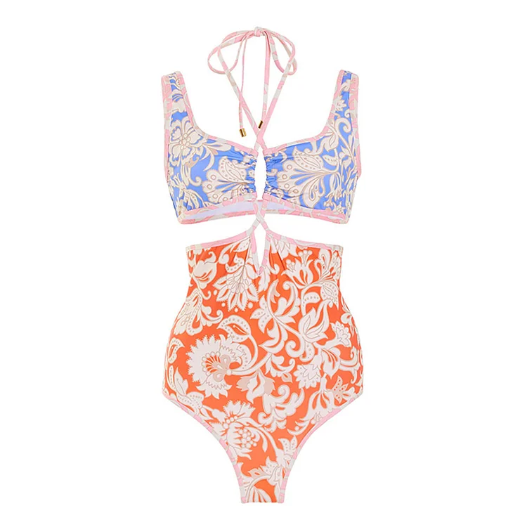 Halter Straps Printed One Piece Swimsuit