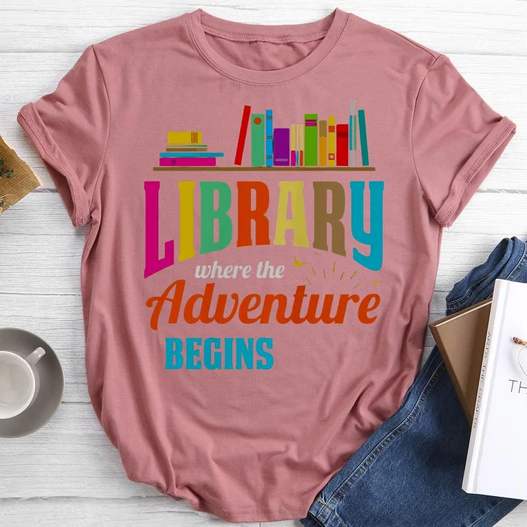 library where the adventure begins Round Neck T-shirt-0021461