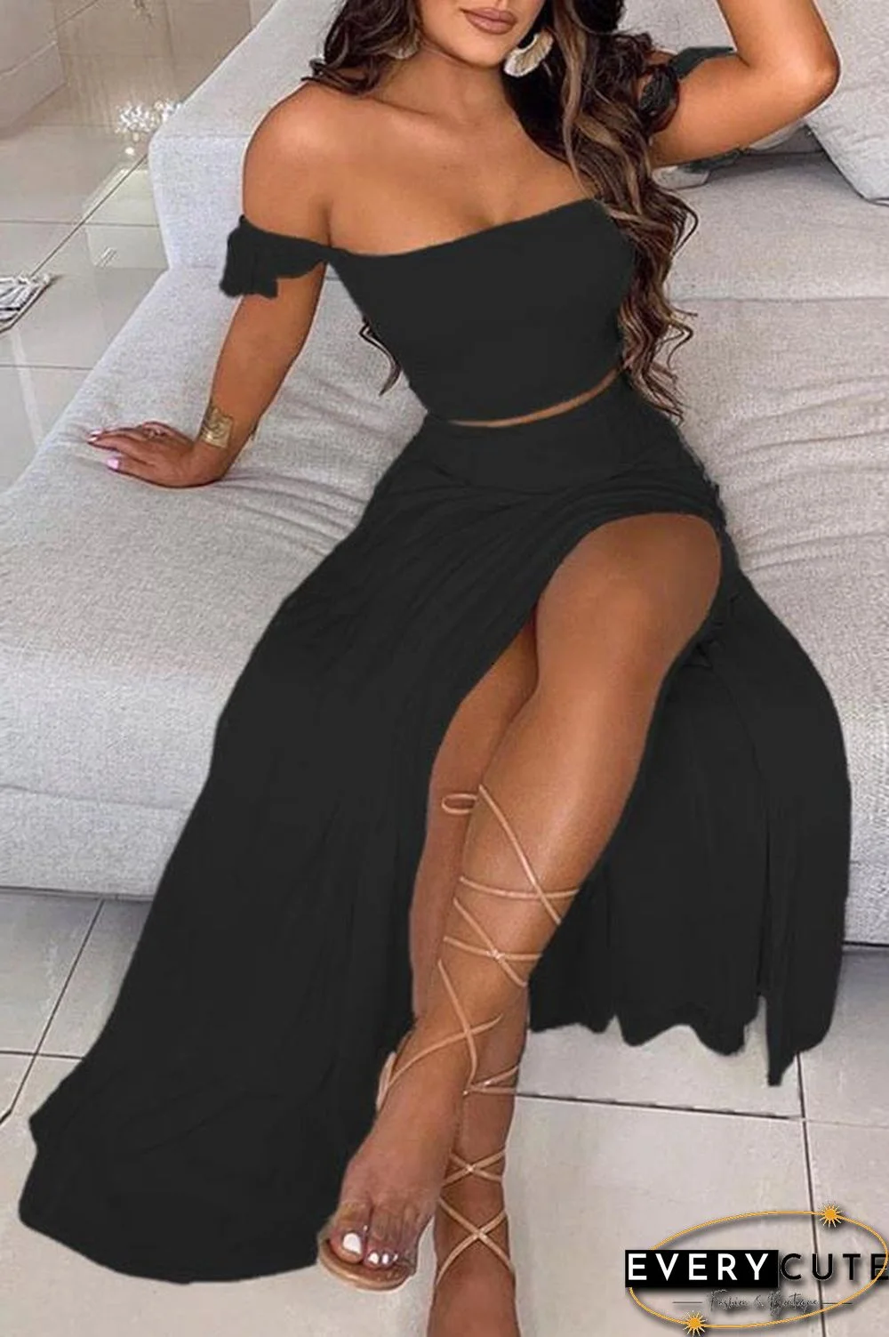 Off Shoulder Ombre Colorblock Top & High Slit Maxi Skirt Sets P13628