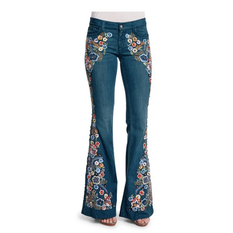 Embroidered And Washed Bell Bottom Jeans For Women-luchamp:luchamp
