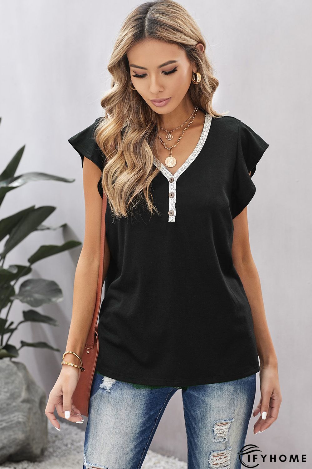 Black V Neck Buttoned Lace Trim Short Sleeve Tee | IFYHOME