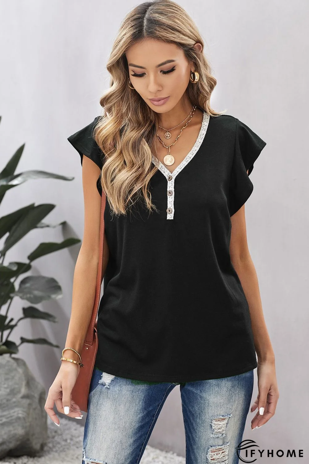 Black V Neck Buttoned Lace Trim Short Sleeve Tee | IFYHOME
