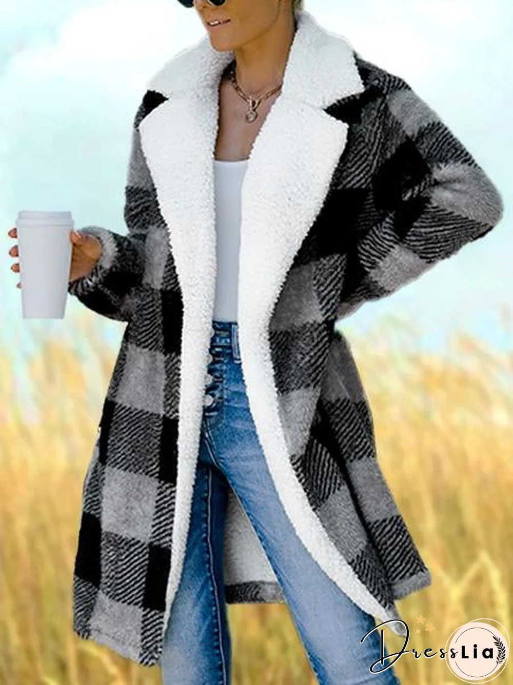 Notched Lapel Plaid Women Coat