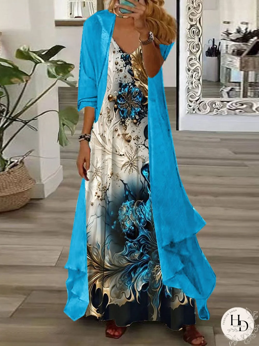 Women's Half Sleeve V-neck Floral Printed Two Pieces Maxi Dress