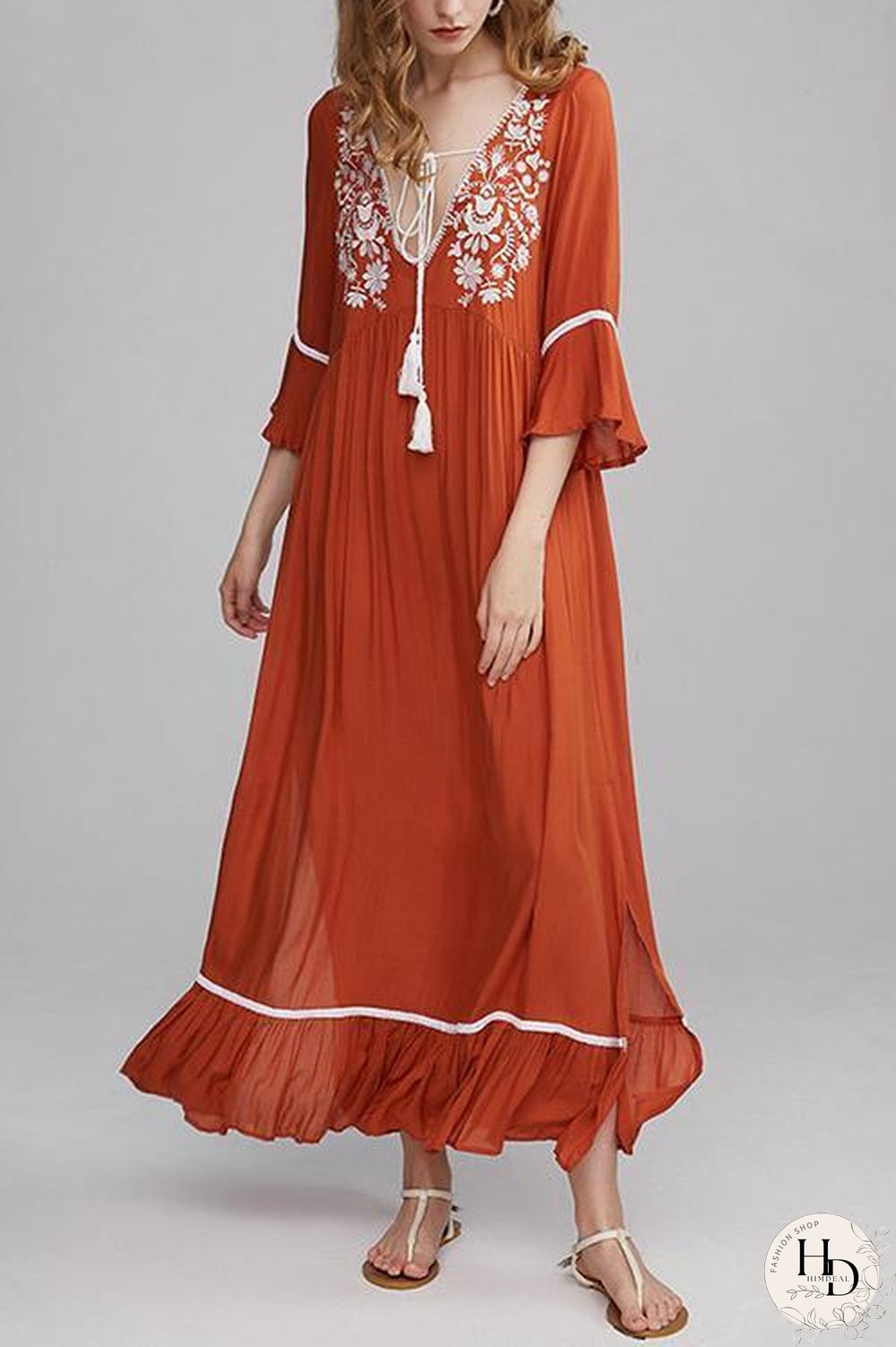 Embroidery Flares Sleeve Maxi Dress