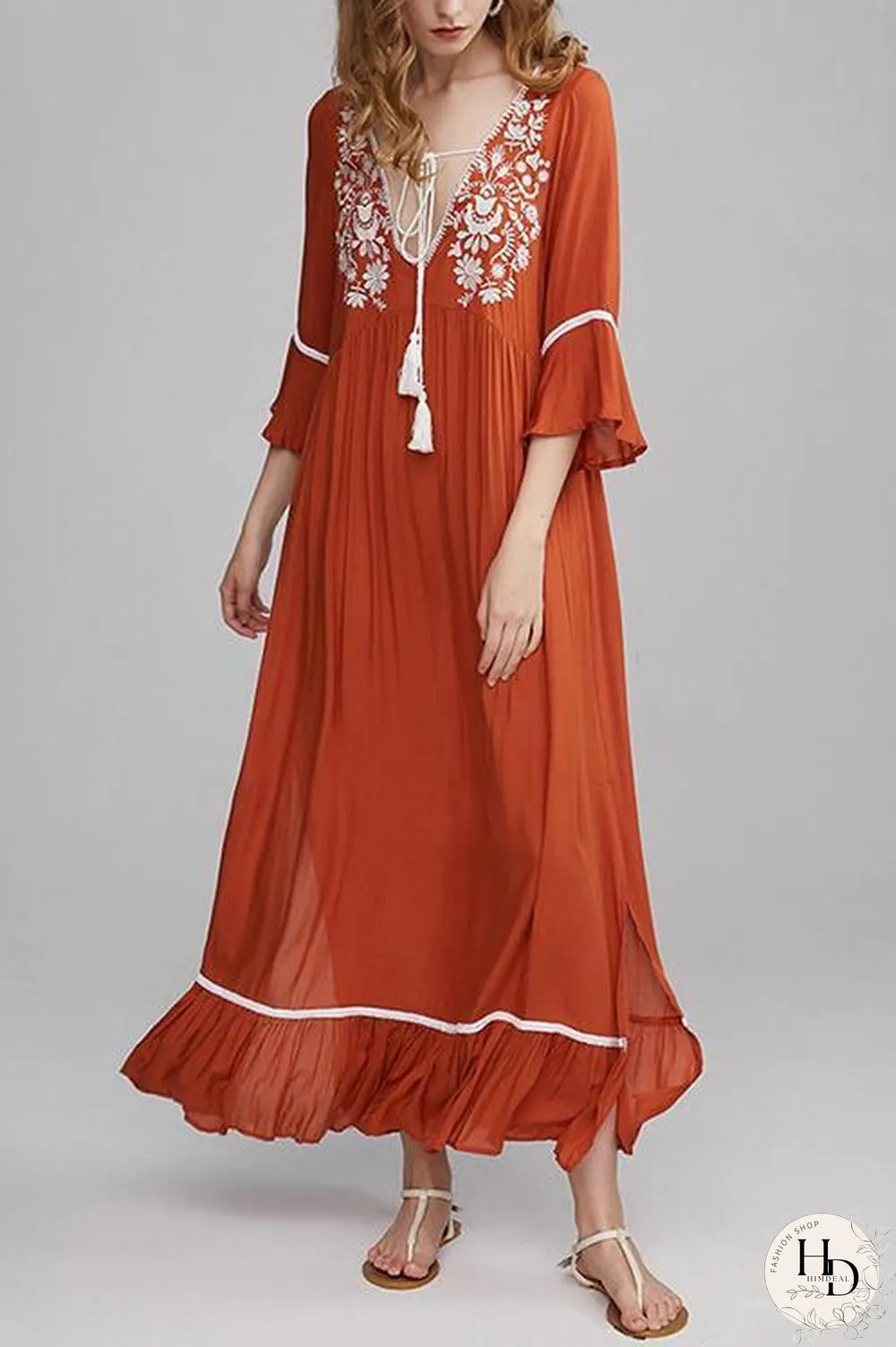 Embroidery Flares Sleeve Maxi Dress