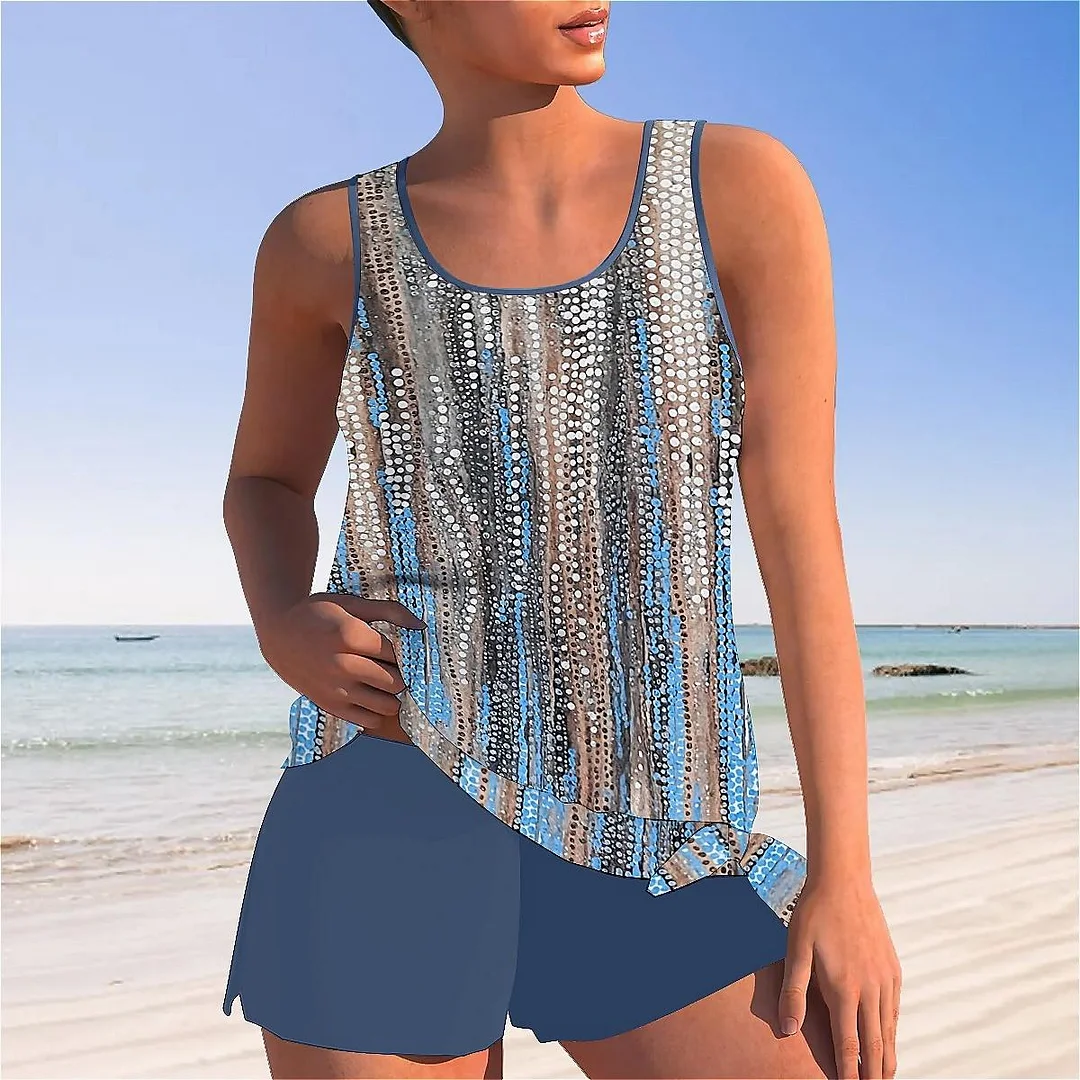 Bowknot Striped,Glitter,Blue Mid Waisted Tankini Set - Plus Size Available