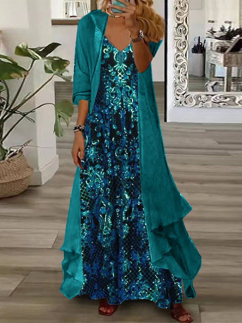 Women's Long Sleeve V-neck Graphic Printed Two Pieces Maxi Dress
