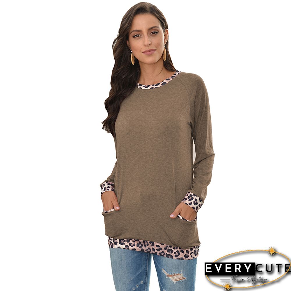Khaki Leopard Details Long Sleeve Tops