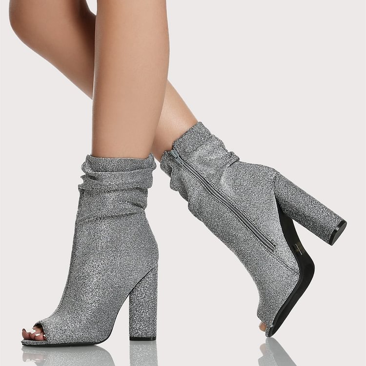 Women's Silver Chunky Heel Boots Peep Toe Ankle Booties |FSJ Shoes