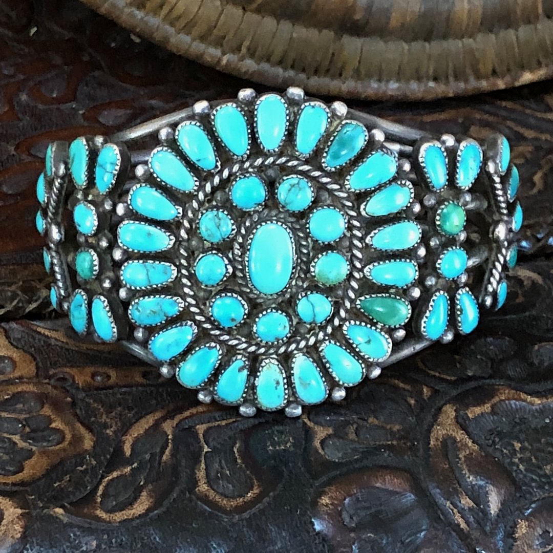 👉🏻SOLD  Early Navajo Turquoise Rosette Cluster Bracelet in Sterling Silver