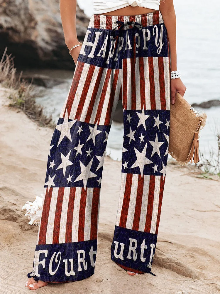Women's Independence Day Themed American Flag Element Print Cotton And Linen Casual Pants