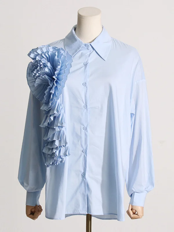 Chic Long Sleeves Asymmetric Pleated Lapel Blouses & Shirts Tops