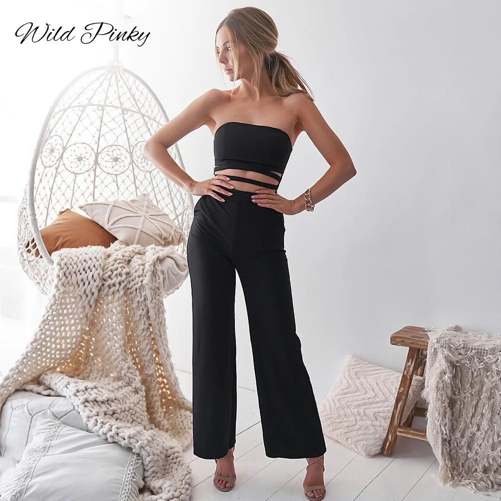 WildPinky Strapless Wide Leg Summer Jumpsuit Rompers Women Jumpsuits Hollow Out Solid Color Casual High Fashion Romper Overalls
