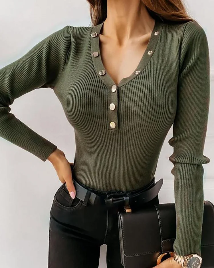 Button Design Long Sleeve Casual Top P5569573464