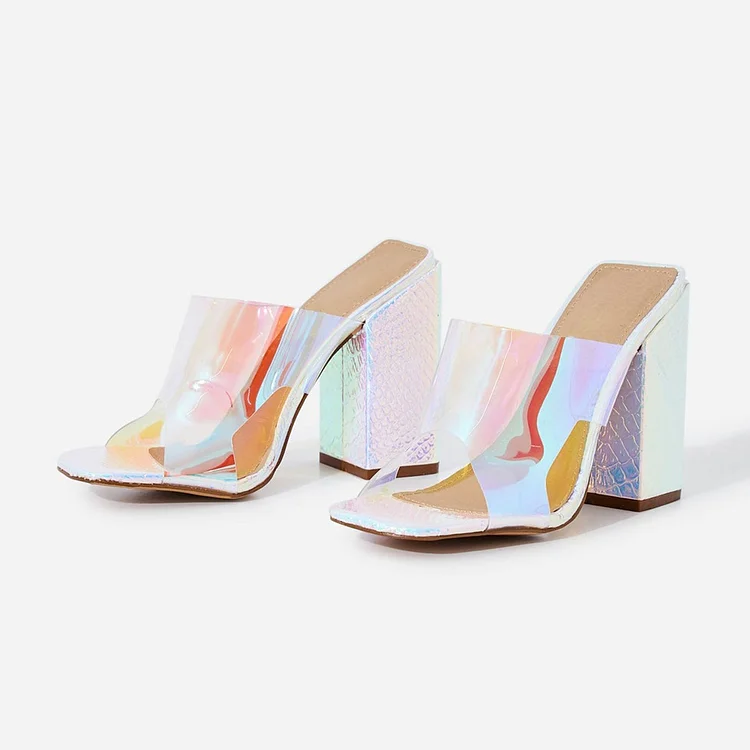 Women's Hologram Square Toe Transparent PVC Block Heel Mules Shoes |FSJ Shoes