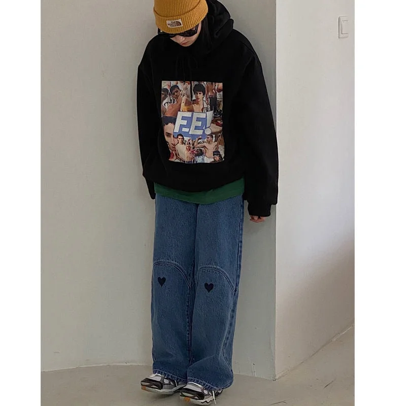 Casual Summer Blue Denim Jeans Women Korean Loose Love Pattern Baggy Jeans Feminino Wide Leg Pants Pantalon Pour Femme