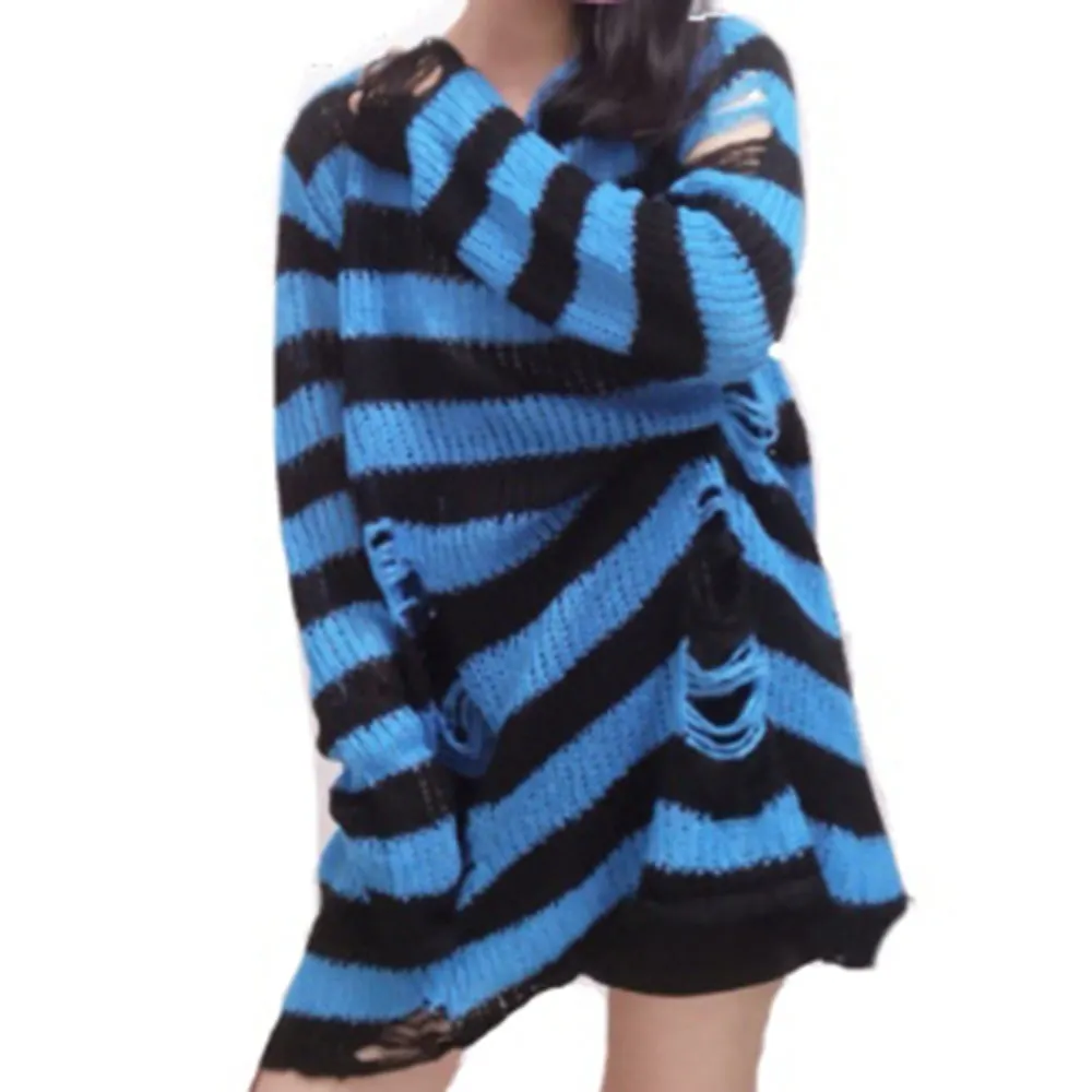 Halloween 200 Gothic Knitted Sweater Women Long Pullovers Striped Loose Winter Ripped Plus Size Sweaters Jumpers Mujer Jersey 924