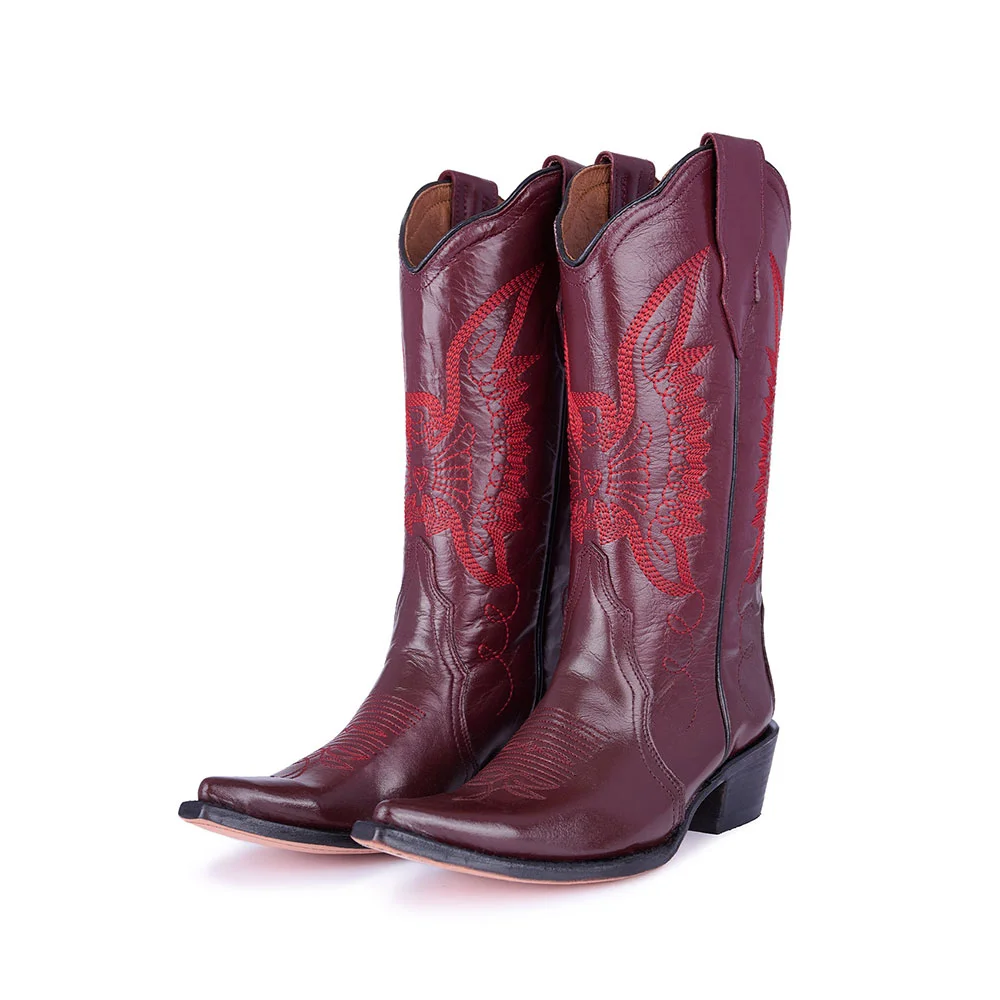 Burgundy Eagle Embroidery Chunky Heel Cowboy Boots for Women