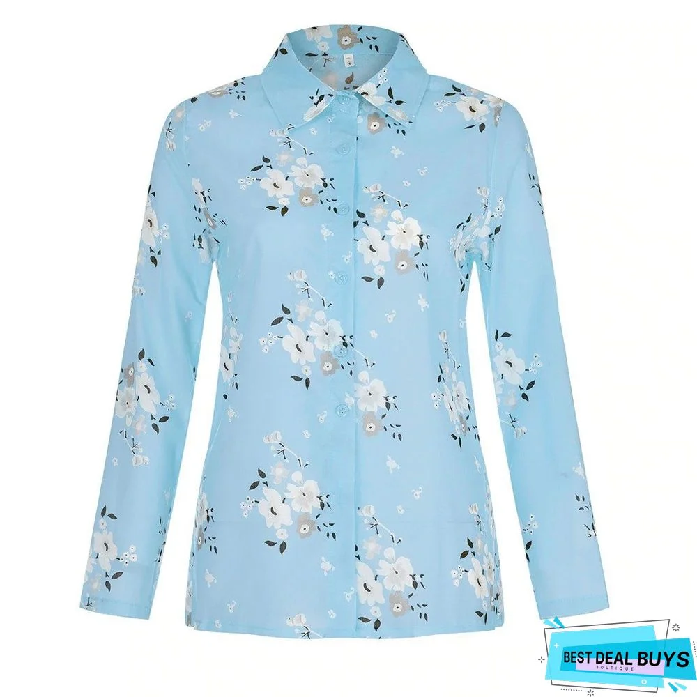 Women Floral Print Long Sleeve Turn Down Collar Blouse Shirts Plus Size