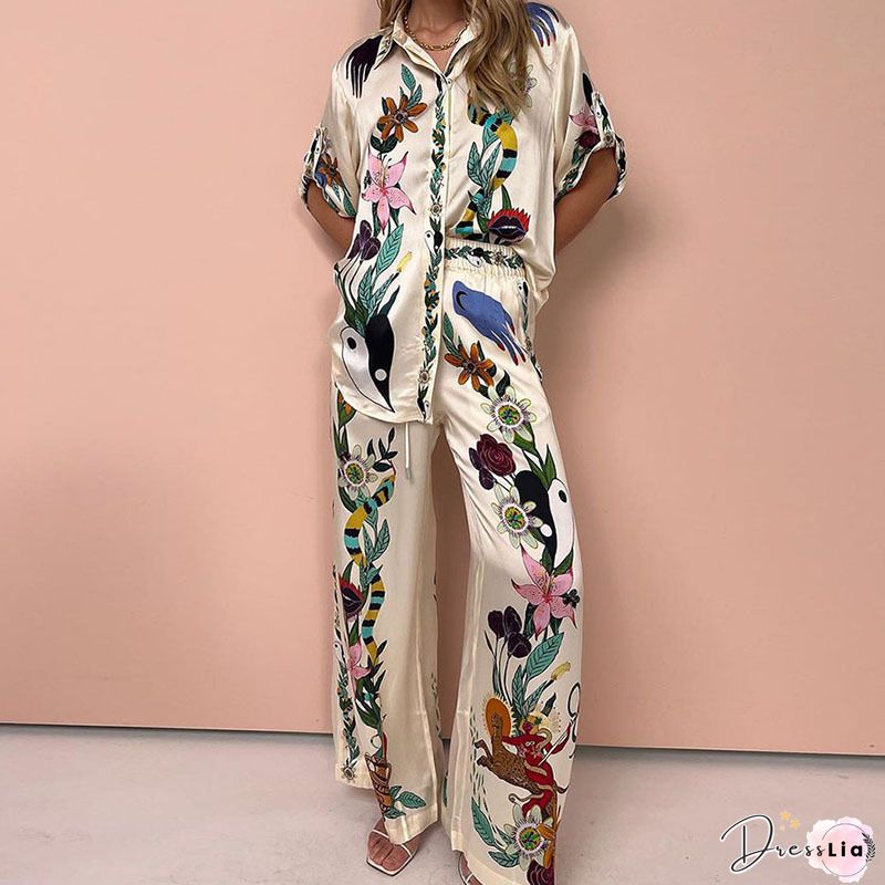 Fashion Tie-dye Print Loose Two Piece Suits Elegant Lapel Botton Shirt And Straight Pants Sets Women Casual Long Sleeve Outfits