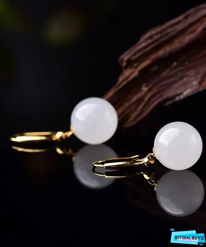 Simple Gold 18K Gold Inlaid Sheep Fat Jade Ball Drop Earrings
