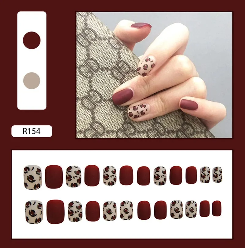 24pcs Leopard Theme Full Cover False Nail Tips Black Heart Line Transparent Stiletto French Fake Nails With Glue Detachable Tips-Nail Inspo