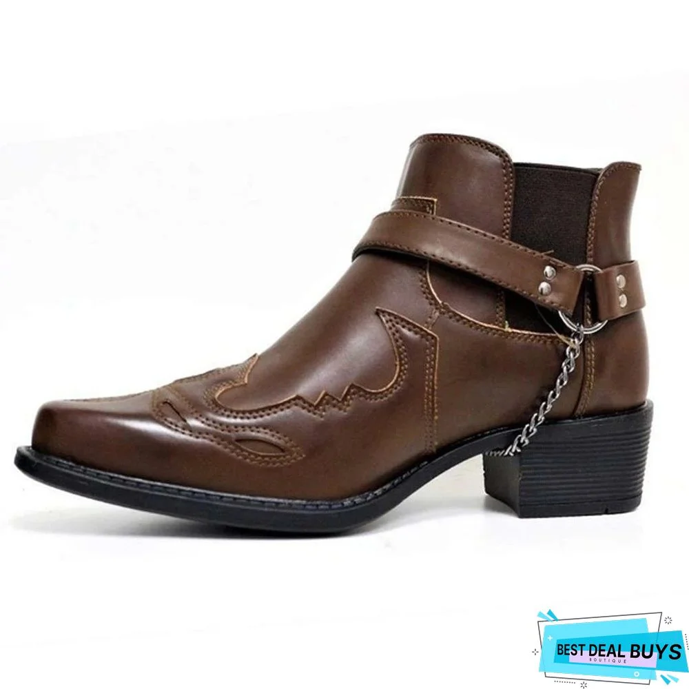 New Short Boots Fashion Personalized Belt Buckle Thick Heel Pointed Martin Boots Men's Boots
