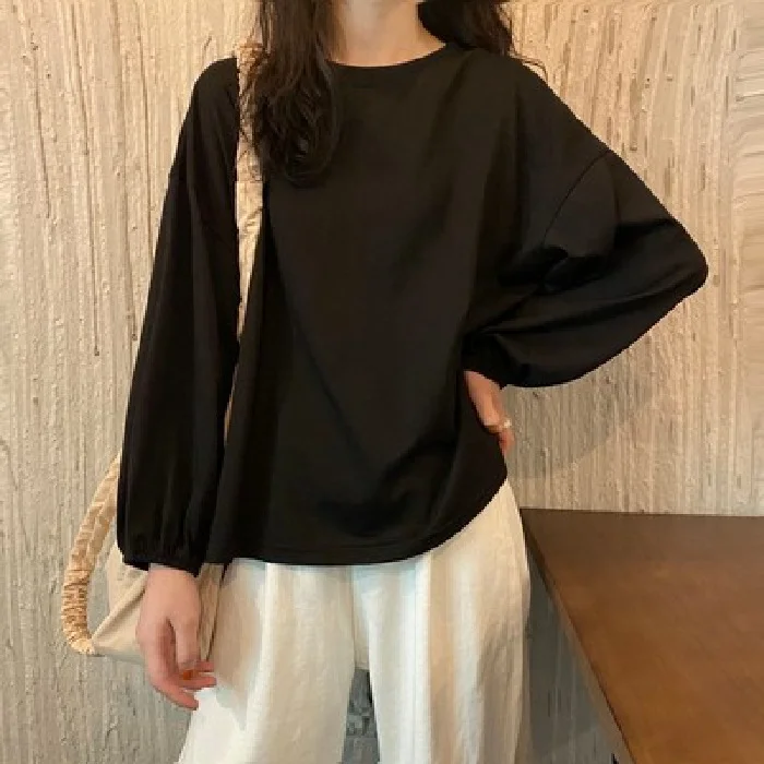 Brownm Brownm Women's Fall 2024 New Korean Version Loose Sleeve Student Lantern Sleeve Long-Sleeve T-Shirt Women's Solid Color Bottom Shirt Tide